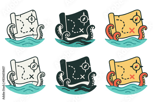 Tentacles Navigating Map. Map floating in water with octopus tentacles curling around compass markings, minimalist symbolic icons,