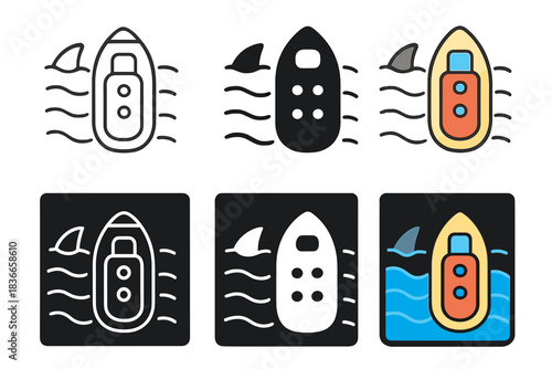 Ship and Shark Icons. Ship viewed from above with a shark fin circling nearby in the waves, simple clean vector icons, first in