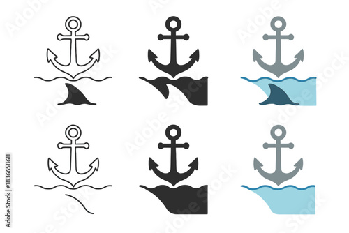 Anchor's Shark Shadow. Ship anchor casting a shadow shaped like a shark fin beneath the waves, minimal vector composition, first