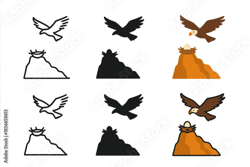 Eagle Cliff Imagery. Rocky cliff silhouette with a nest and an eagle soaring above it, minimalist symbolic icons, first in line