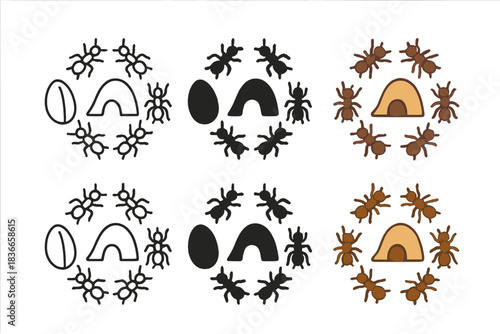 Ants Encircle Seed. Seed lying near an anthill entrance with ants forming a circular pattern around, simple minimalist vector