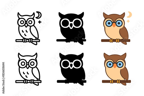 Owl Icon Designs. Owl Branch Spectacles, clean modern icon merging nocturnal calm, vision, and nature’s stillness, first in line