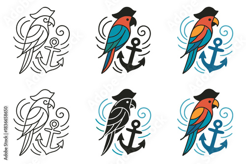 Parrot Pirate Harmony. Parrot Pirate Shoulder, abstract tropical harmony combining wing arcs, anchor shapes, and sea wind motion,