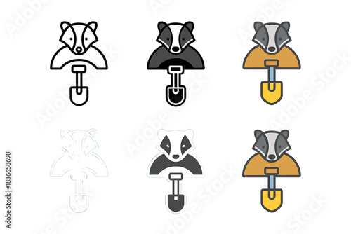Badger Sett Shovel Icons. Badger Sett Shovel, clean modern icon showing balance between animal life and earthy craftsmanship,