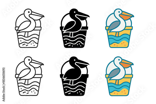 Abstract Coastal Harmony. Pelican Beach Bucket, abstract coastal harmony merging seabird posture, sand patterns, and marine