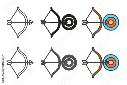 Stylized Archery Target. Curved bow drawn with arrow aimed at circular target, balanced geometric form, first in line style with