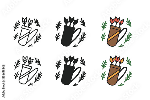 Quiver Icon Styles. Quiver icon surrounded by small forest elements like pine needles and branches, simple composition, first in