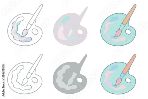 Pastel Palette Artistry. Painter’s palette with brush dipped in pastel dream hues, smooth flowing design, first in line style with