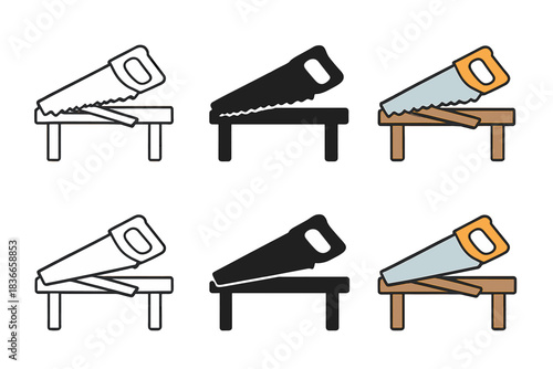 Saws on Carpenter Bench. Hand saw resting on wooden carpenter bench, clean composition with minimal detail, first in line style