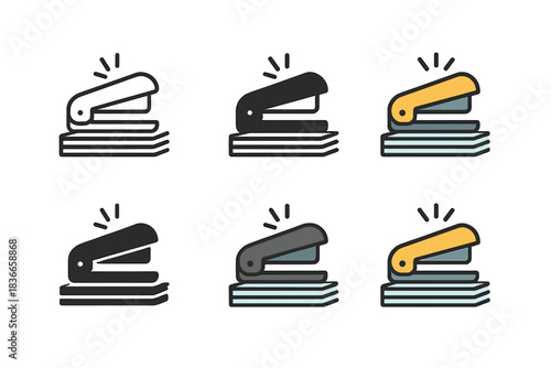Stylized Stapler Icons. Closed stapler resting on neatly aligned papers, click sound symbol above, minimal workspace icon, first