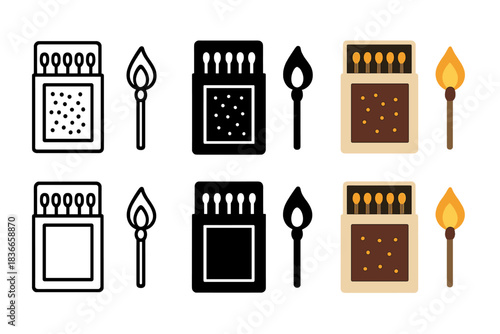 Matchstick Design Variations. Matchbox and lit matchstick beside it, small glowing flame casting light, balanced geometric layout,