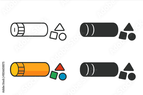 Art Supplies Order. Glue stick resting horizontally beside small pasted paper shapes, tidy workspace icon, first in line style