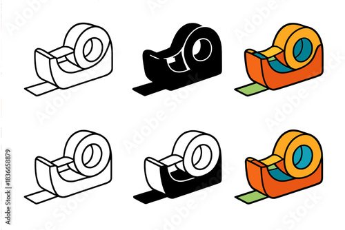 Tape Dispenser Artistry. Tape dispenser with short tape strip sticking to paper surface, neat static composition, first in line