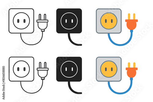 Stylized Electric Plug. Electric plug connected to wall socket, smooth curved cable and clean alignment, first in line style with