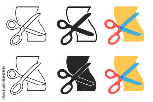Scissors Cutting Paper. Open scissors cutting through sheet of paper, smooth curved blades and precise motion, first in line style