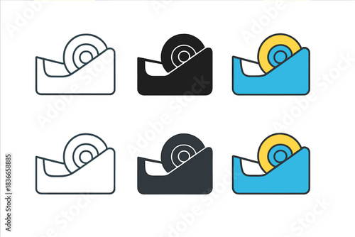 Multistyle Tape Dispenser. Tape dispenser holding roll with tape strip extended outward, clean minimal balance, first in line