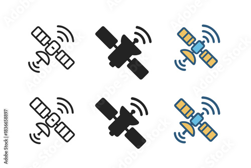 Satellite Icon Styles. Minimal satellite icon with parabolic antenna and wave lines, crisp technical design, first in line style