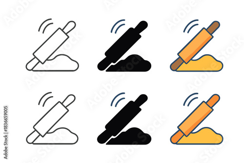 Rolling Pin Styles. Rolling pin icon pressing dough with rising motion arcs and lines, first in line style with thin outline,