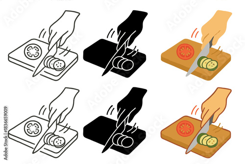 Stylized Vegetable Slicing. Hand slicing vegetables on cutting board with motion arcs and stylized lines, first in line style with