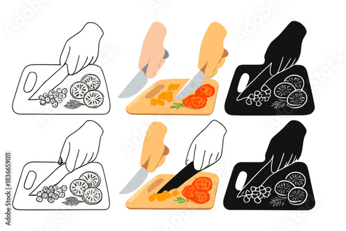 Chopping Styles Exploration. Hand holding knife over cutting board with chopped ingredients, first in line style with thin outline