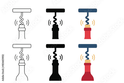 Artful Cork Removal. Corkscrew twisting into bottle with animated arcs showing cork removal, first in line style with thin outline