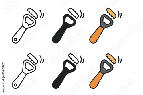Stylish Bottle Openers. Metal bottle opener with handle and lifted cap with vibration arcs, first in line style with thin outline,