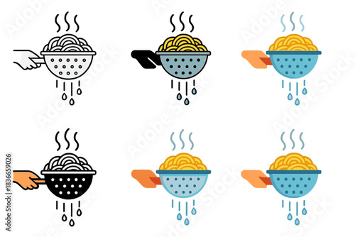 Steaming Pasta Art. Hand holding colander with steaming pasta and draining water, first in line style with thin outline, second in