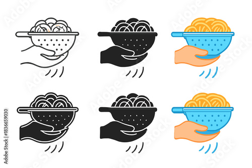 Pasta Drainage Styles. Hand holding colander with drained pasta and motion arcs representing water flow, first in line style with