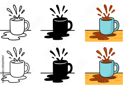 Coffee Spill Variations. Mug on table with coffee spill and animated splash lines, first in line style with thin outline, second