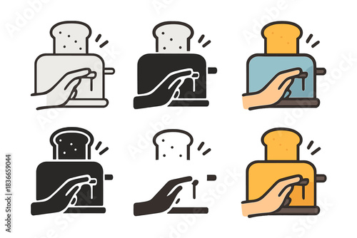 Toaster Bread Animation. Hand pressing toaster lever with bread popping up and animated arcs, first in line style with thin