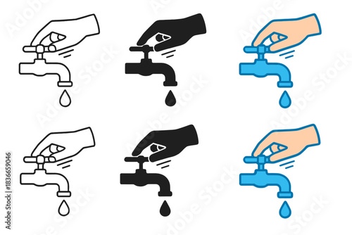 Faucet Water Styles. Hand turning faucet with water droplet falling and motion lines, first in line style with thin outline,