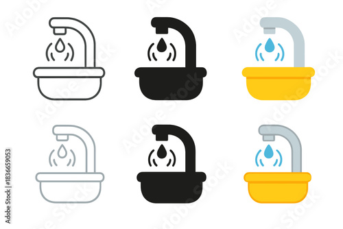 Diverse Faucet Drip Styles. Faucet dripping water above sink with motion arcs and tiny splashes, first in line style with thin