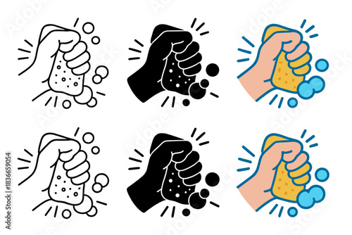 Sponge Squeeze Techniques. Hand squeezing sponge with soap bubbles popping and motion lines, first in line style with thin outline