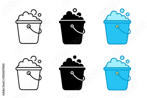 Bucket Styles Showcase. Bucket filled with soapy water and foam bubbles first in line style with thin outline, second in solid