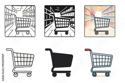 Rolling Shopping Carts. Two arrows forming endless loop cycle first in line style with thin outline, second in solid style filled
