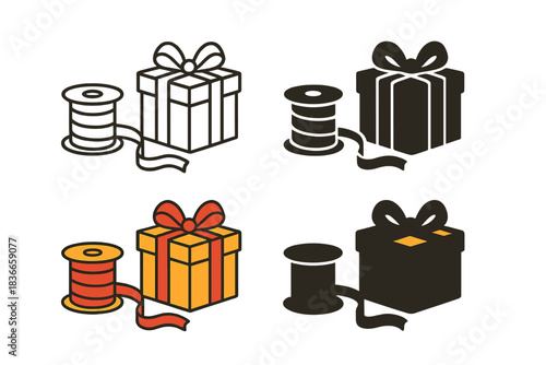 Ribbon Spool Unraveling. Ribbon spool unraveling next to wrapped package first in line style with thin outline, second in solid