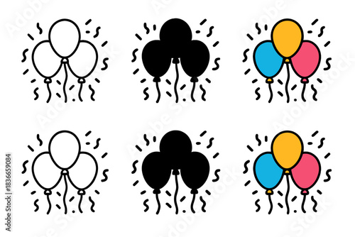 Festive Balloon Array. Balloon cluster surrounded by falling confetti first in line style with thin outline, second in solid style