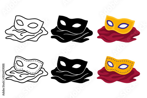 Mysterious Mask Styles. Mysterious mask resting on velvet fabric first in line style with thin outline, second in solid style