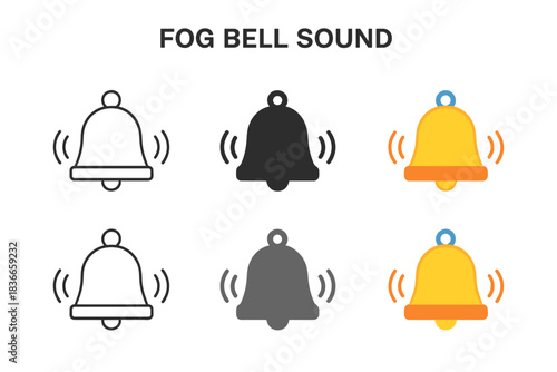 Stylized Fog Bell Designs. Fog Bell Sound first in line style with thin outline, second in solid style filled shape, third in flat