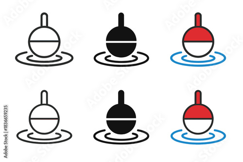 Diverse Bobber Styles. Bobber Float Ripple first in line style with thin outline, second in solid style filled shape, third in
