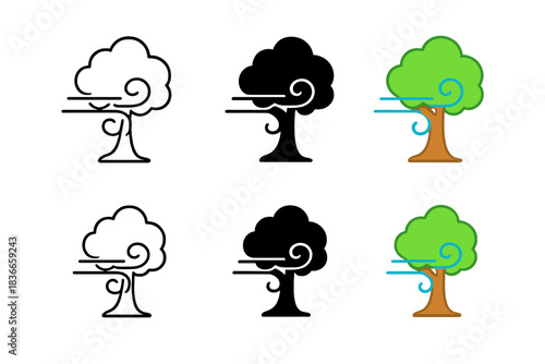 Artistic Tree Styles. Wind Gust Tree first in line style with thin outline, second in solid style filled shape, third in flat