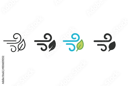 Wind Swirl Leaf Styles. Wind Swirl Leaf first in line style with thin outline, second in solid style filled shape, third in flat