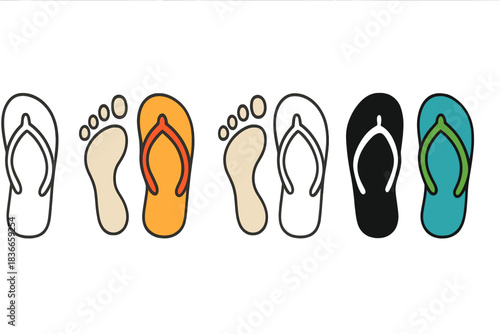 Colorful Flipflop Styles. Flipflop Sand Step first in line style with thin outline, second in solid style filled shape, third in