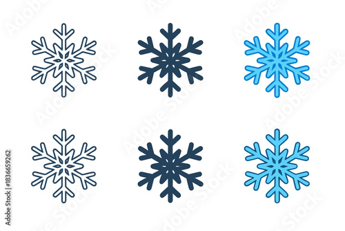 Snowflake Design Variations. Snowflake Crystal Chill first in line style with thin outline, second in solid style filled shape,