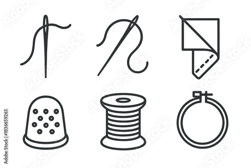 Stitching Tools Icons. Line style vector icons of stitching tools: fine-point needle, tightened thread path, guided fabric fold,