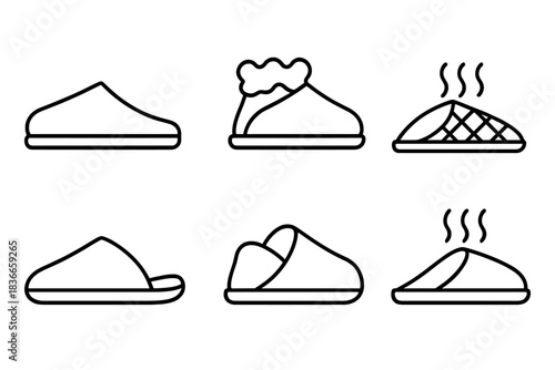 Cushioned Slippers Icon. Line style vector icons of cushioned domestic slippers: spongy foot slip-on, protective fleece interior,