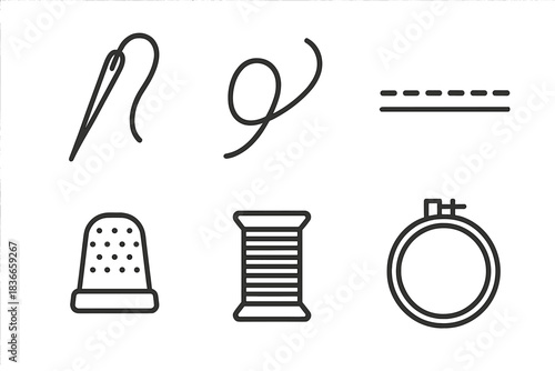 Precision Sewing Icons. Line style vector icons of precision sewing: sharp needle point, arched thread movement, even seam