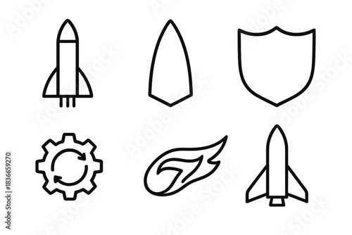 Cosmic Gear Icons. Line style vector icons of cosmic crest gearing: light rocket column, refined nose point, royal crest outline,