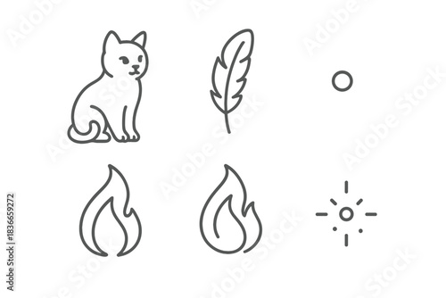 Cat and Feather Elements. Line style vector icons of kitty feather ignition: light cat pose, subtle tail twist, airy plume feather