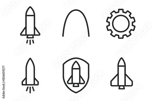Rocket Launch Icon Design. Line style vector icons of launch crest mechanism: vertical booster form, tapered tip, noble headpiece